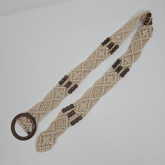 Woven Macrame Boho Belt with Wood Beads and Brown Tortoiseshell Buckle - Picture 7 of 10